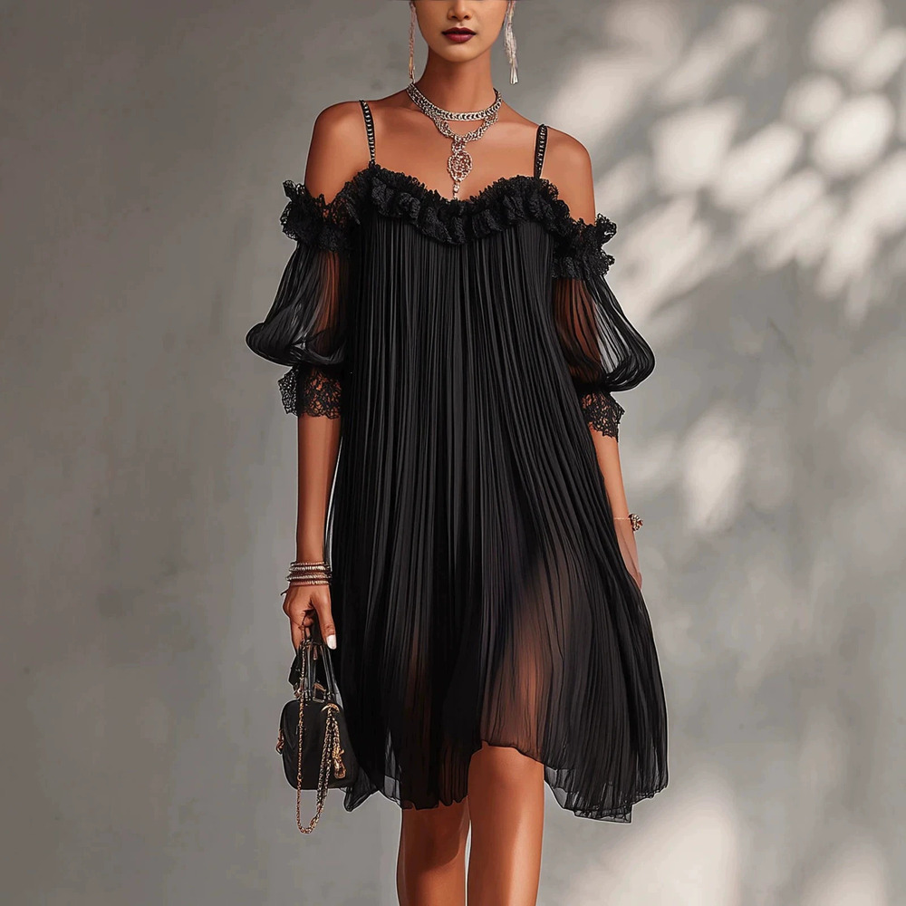 ZARA Black Lace Off Shoulder Pleated Mesh Loose Summer Dress